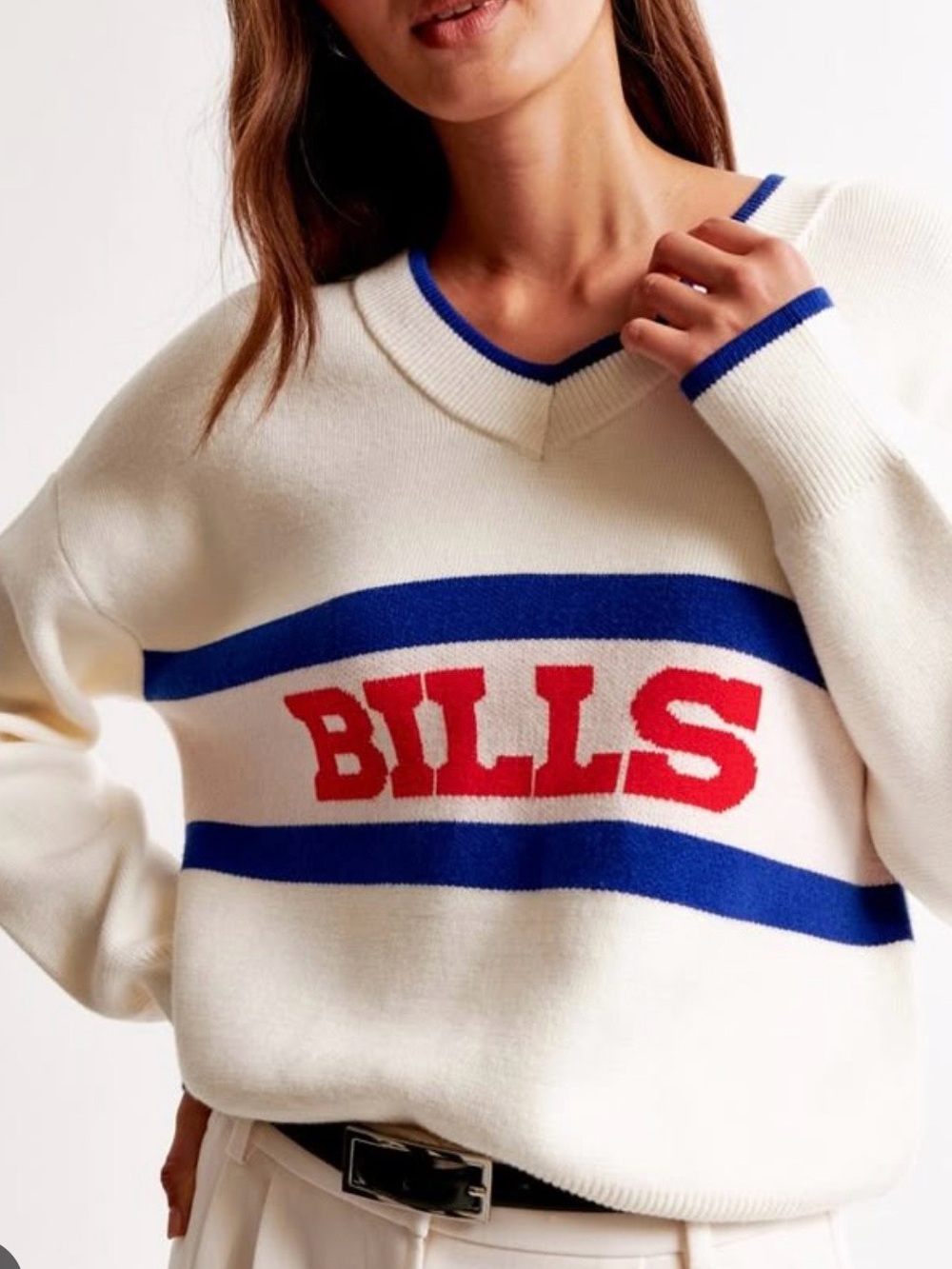 Abercrombie and Fitch BILLS' Stripe V-Neck Sweater with Blue Trim